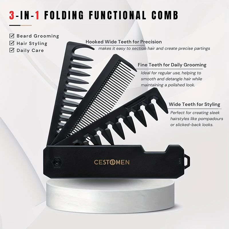 3-in-1 Folding Beard Comb for  - Mens Grooming Travel Kit 评论和价格
